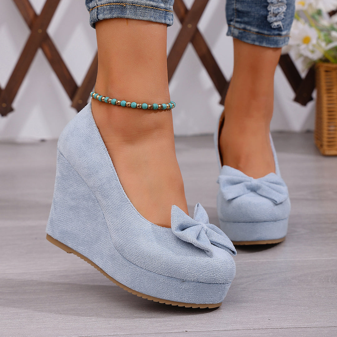 Suede Bow Wedge Pumps