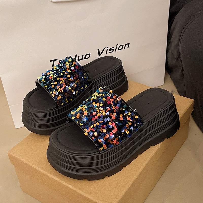 Sequin Platform Slide Sandals