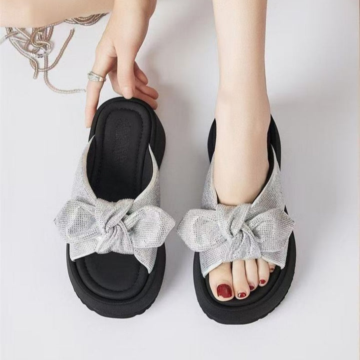 Crystal Bow Platform Slide Sandals