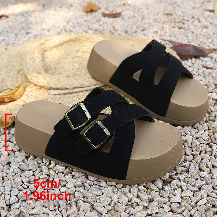 SUNKISSEDSTEP Women’s Double Buckle Platform Slides