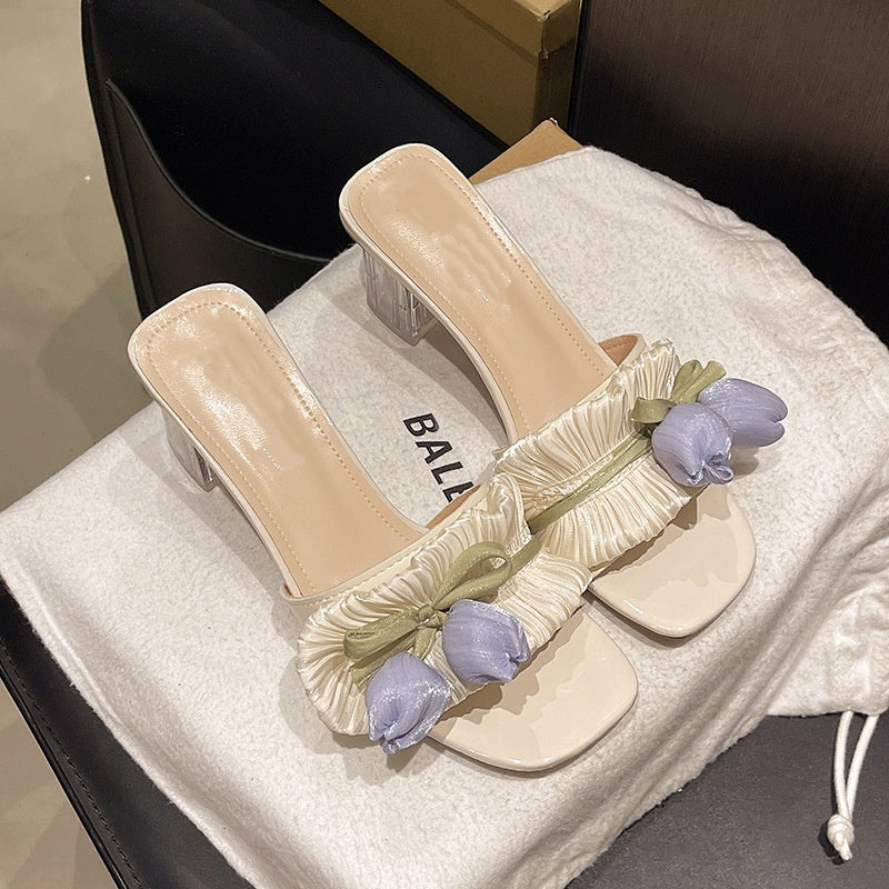 Floral Bow Transparent Block Heel Slide Sandals&amp;nbsp