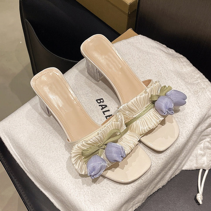 Floral Bow Transparent Block Heel Slide Sandals&amp;nbsp
