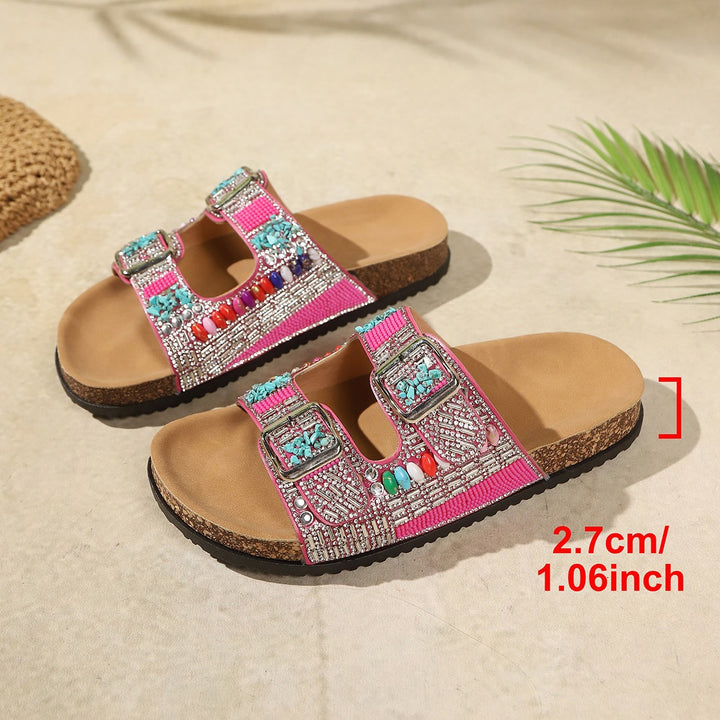 SUNKISSEDSTEP Women’s Rhinestone Double Buckle Platform Slides