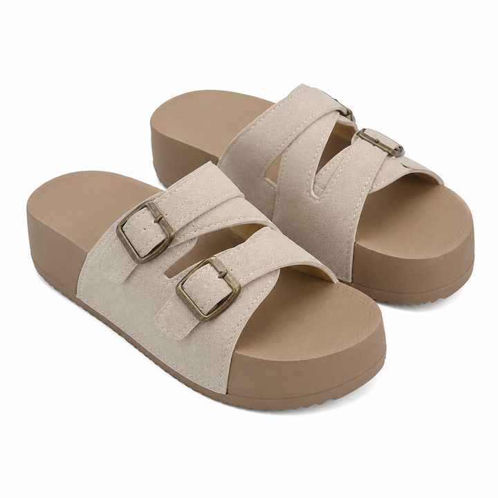 SUNKISSEDSTEP Women’s Double Buckle Platform Slides