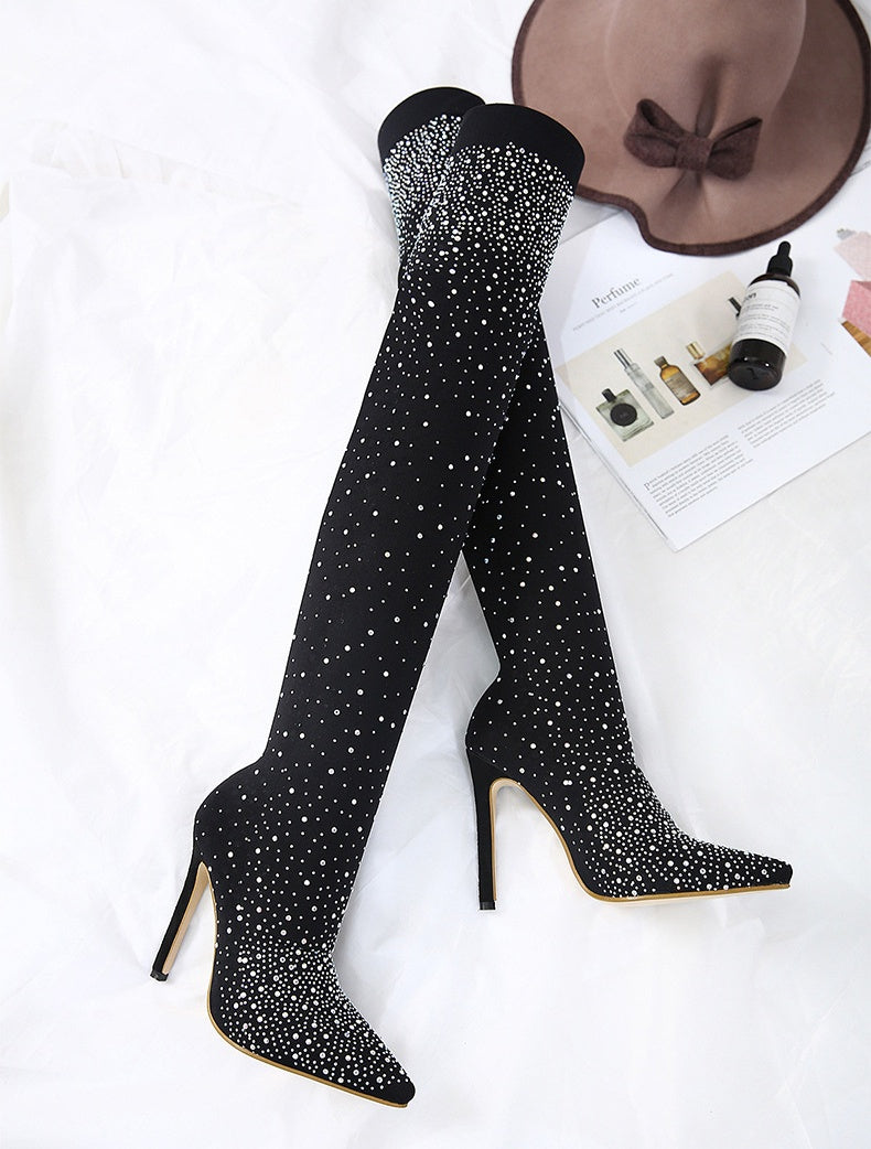 SUNKISSEDSTEP Women’s Rhinestone Stiletto Over-the-Knee Boots