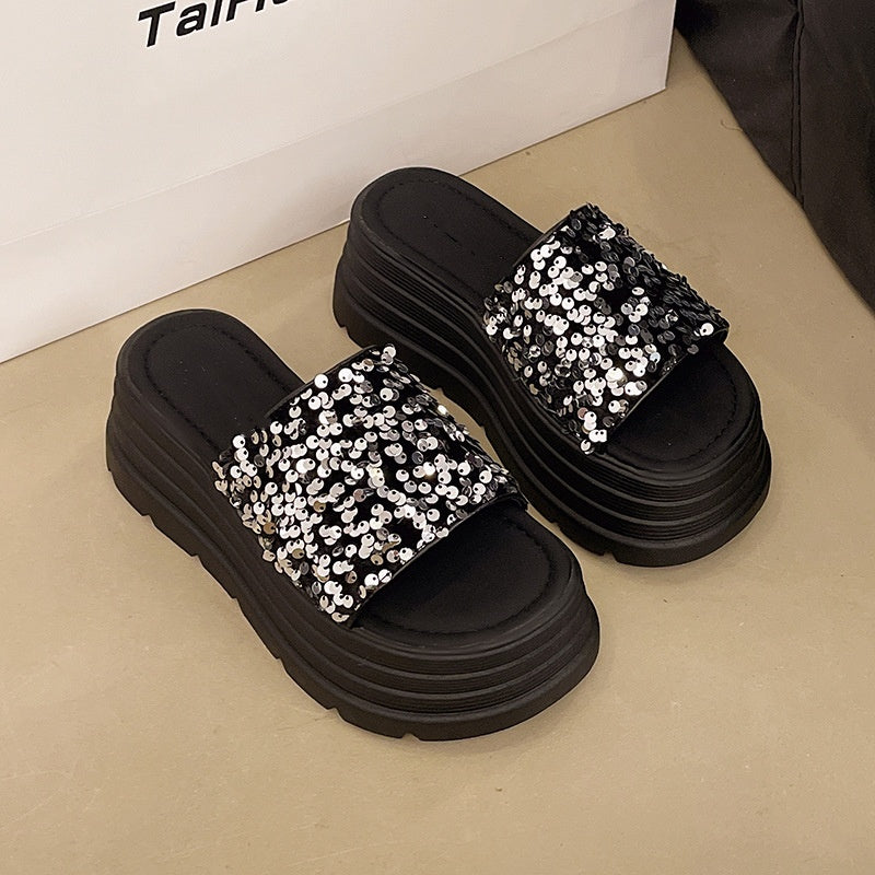 Sequin Platform Slide Sandals