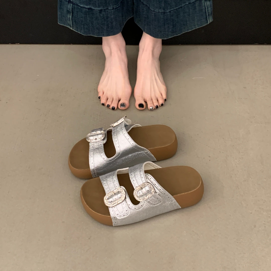 Suede Buckle Platform Slide Sandals