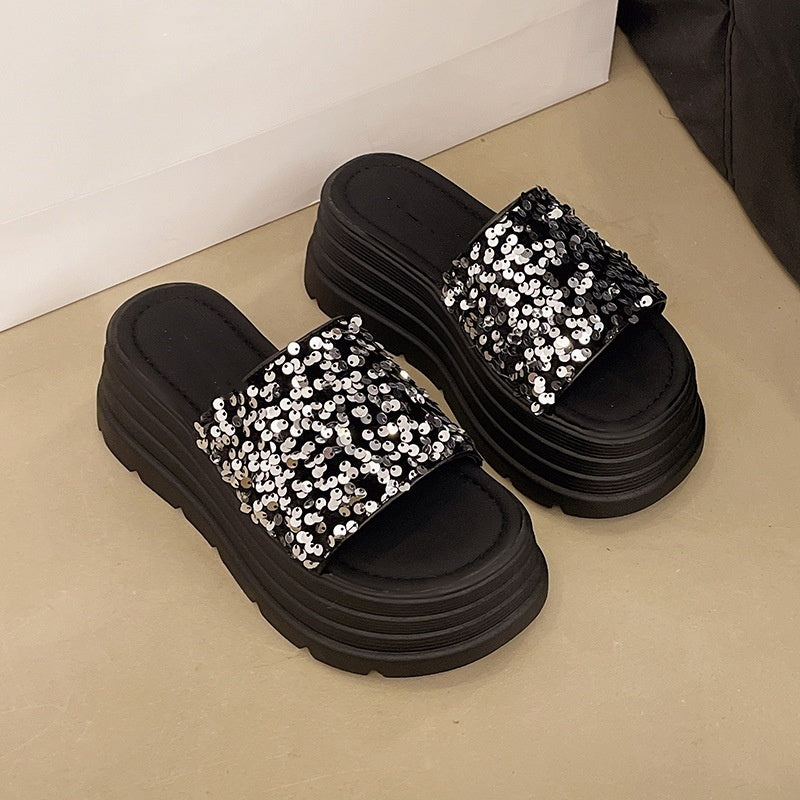Sequin Platform Slide Sandals