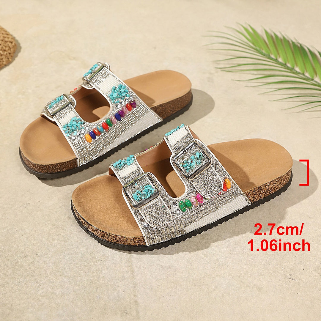 SUNKISSEDSTEP Women’s Rhinestone Double Buckle Platform Slides
