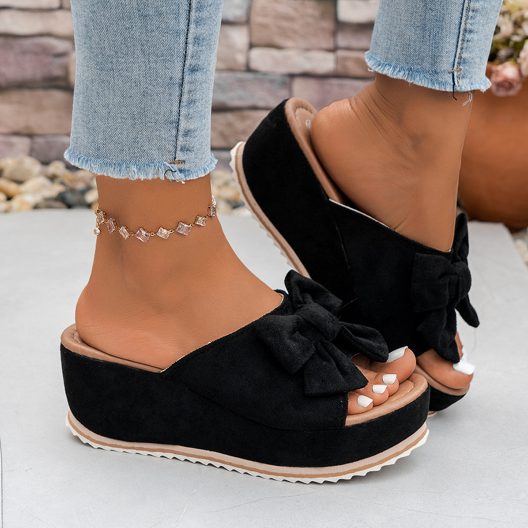 SUNKISSEDSTEP Women’s Floral Bow Platform Wedge Slides