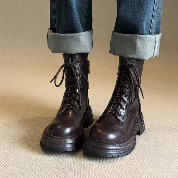 SUNKISSEDSTEP Women’s Genuine Leather Platform Combat Boots