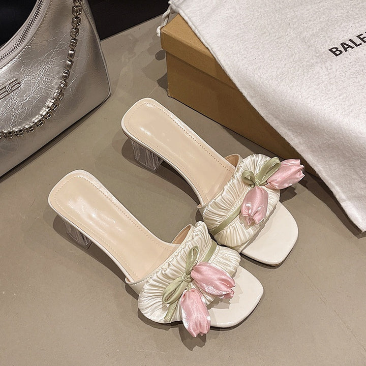 Floral Bow Transparent Block Heel Slide Sandals&amp;nbsp