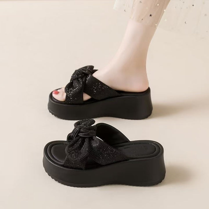 Crystal Bow Platform Slide Sandals