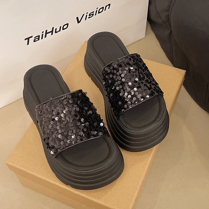 Sequin Platform Slide Sandals