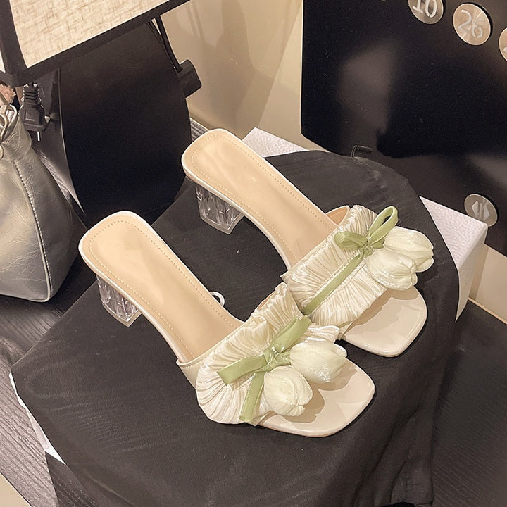 Floral Bow Transparent Block Heel Slide Sandals&amp;nbsp