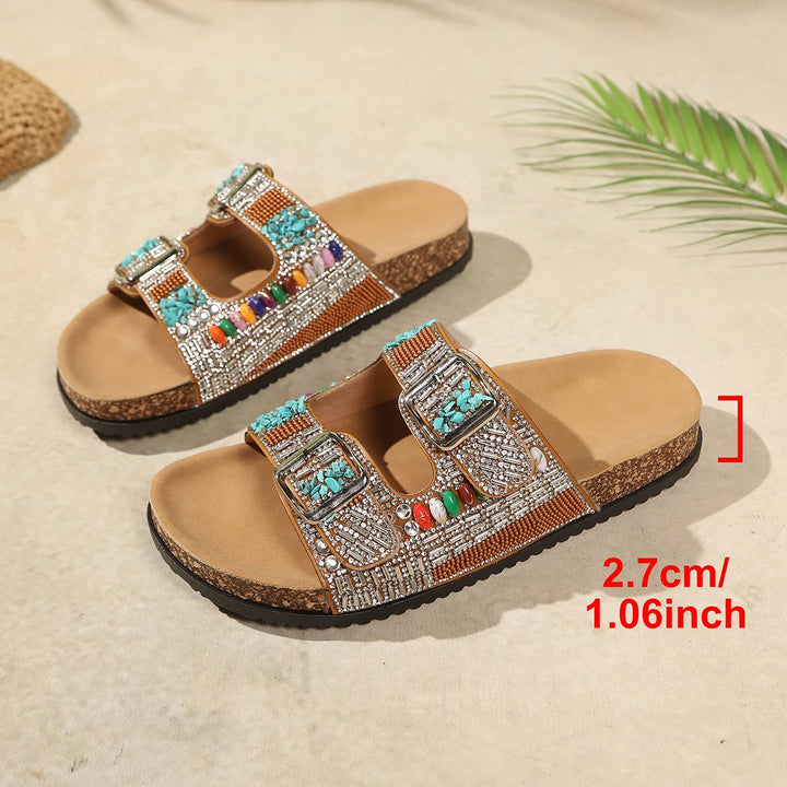SUNKISSEDSTEP Women’s Rhinestone Double Buckle Platform Slides