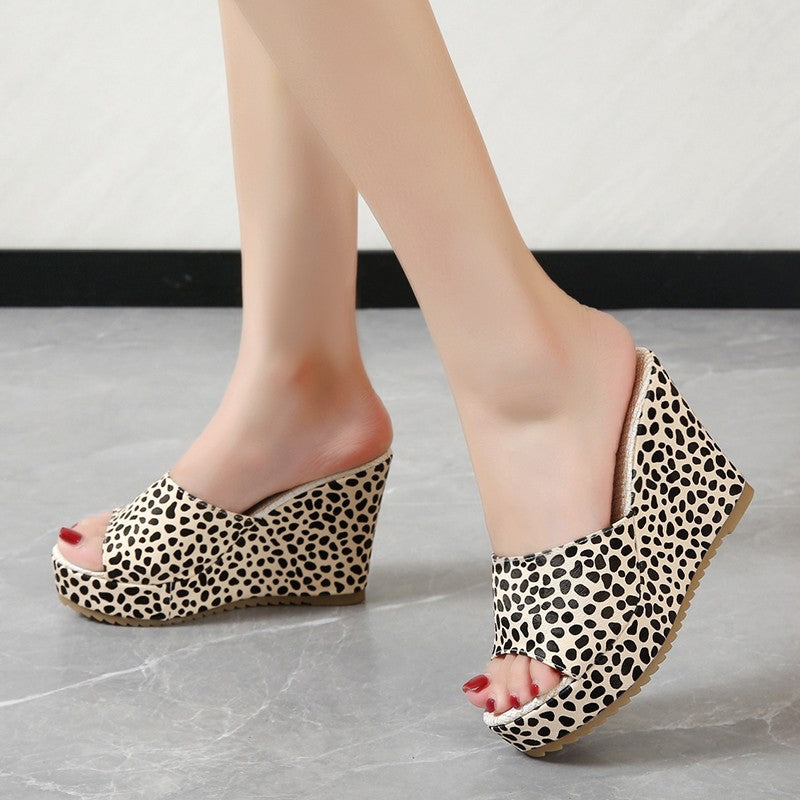 Leopard Wedge Platform Slide Sandals