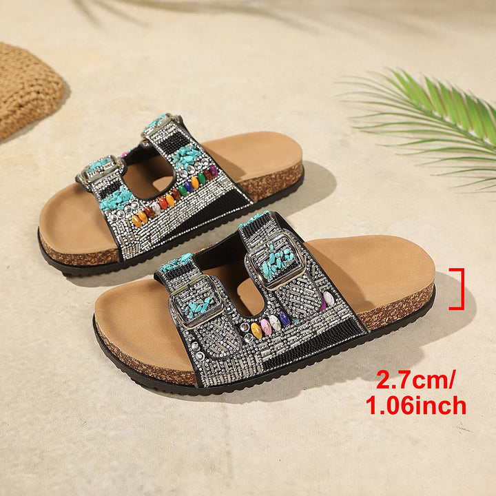 SUNKISSEDSTEP Women’s Rhinestone Double Buckle Platform Slides