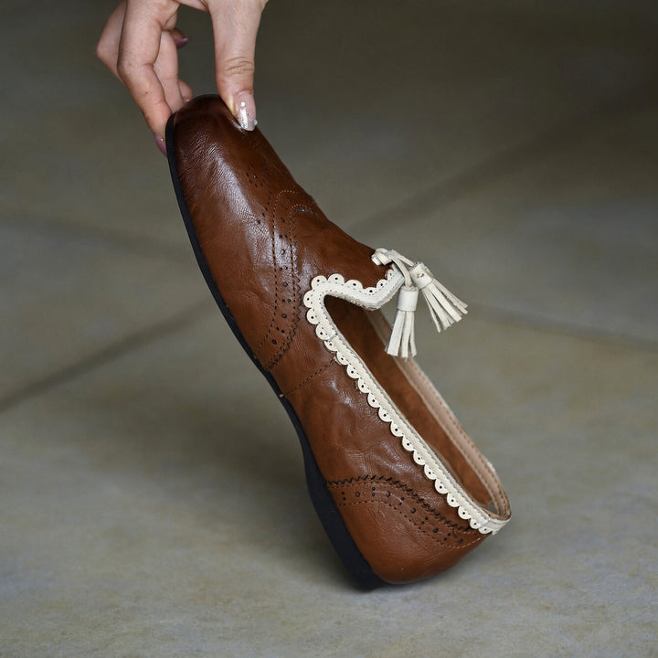 SUNKISSEDSTEP Women’s Vintage Tassel Round-Toe Sheepskin Loafers