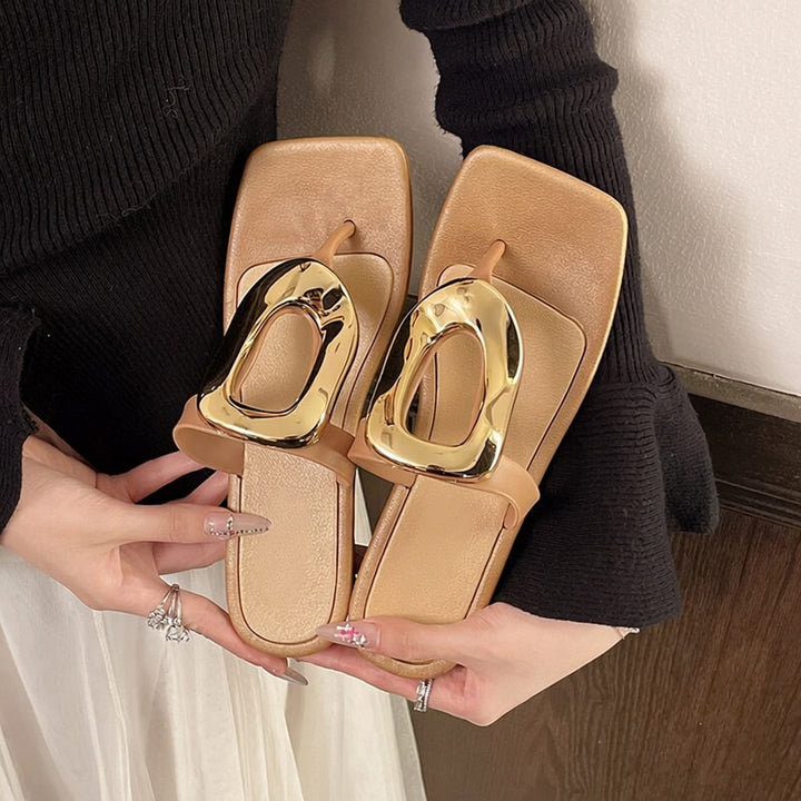 Metal Accent Square Toe Thong Sandals