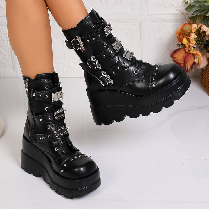SUNKISSEDSTEP Women’s Dark Punk Wing Platform Ankle Boots