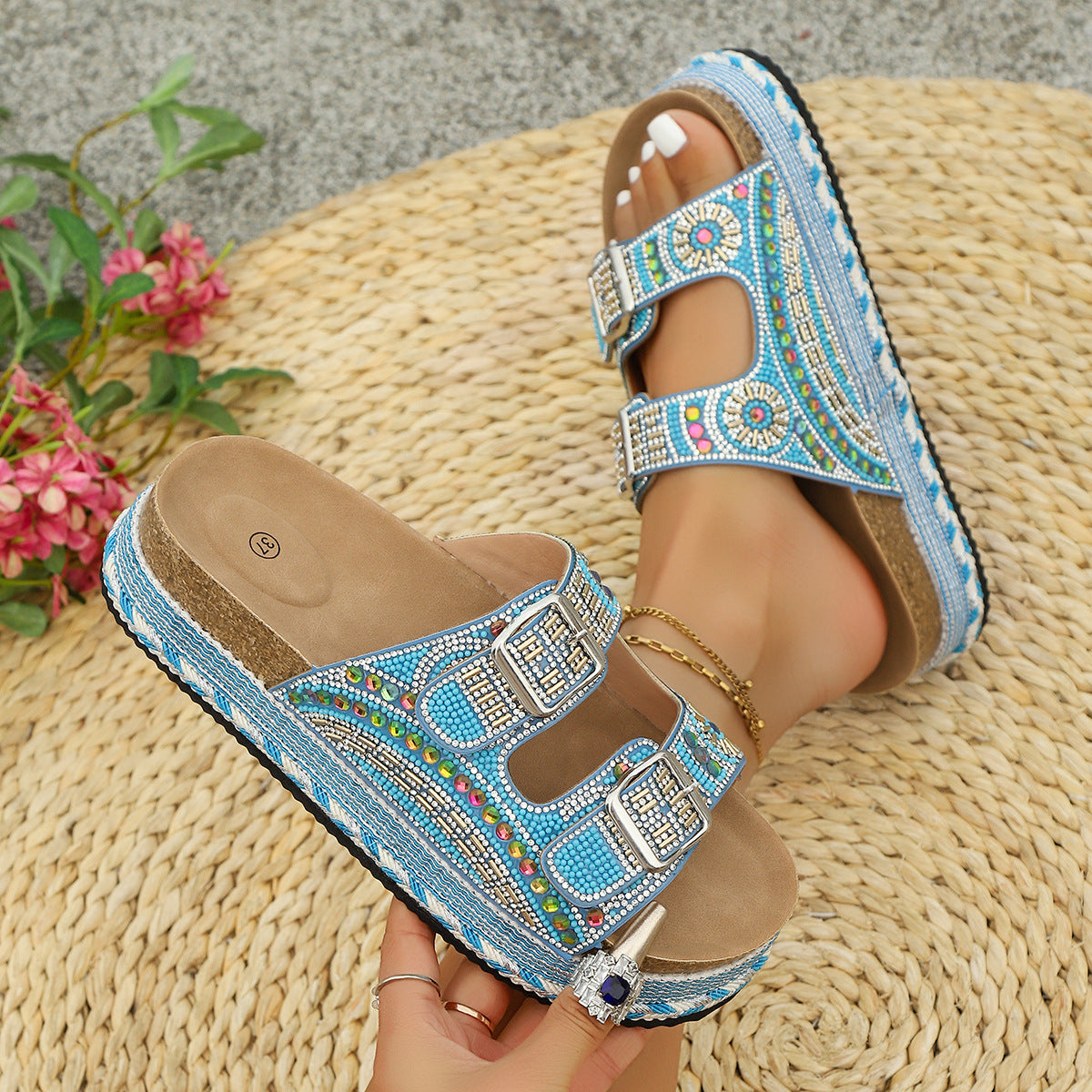 SUNKISSEDSTEP Women’s Rhinestone Double Buckle Platform Slides