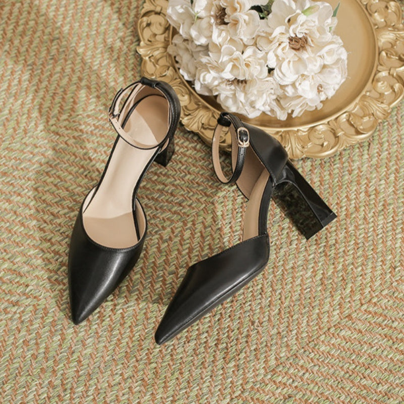 French Pointed Toe Block Heel Pumps