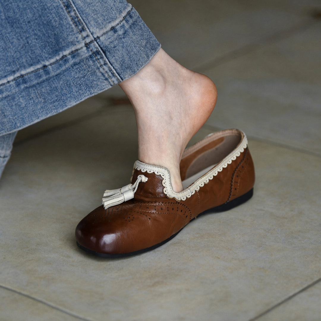 SUNKISSEDSTEP Women’s Vintage Tassel Round-Toe Sheepskin Loafers