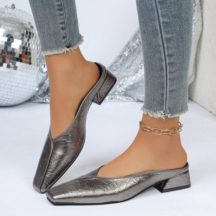 SUNKISSEDSTEP Women’s Metallic Square-Toe Mule Heels
