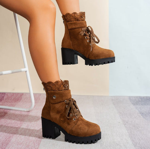 SUNKISSEDSTEP Women’s Lace-Trim Chunky Heel Ankle Boots