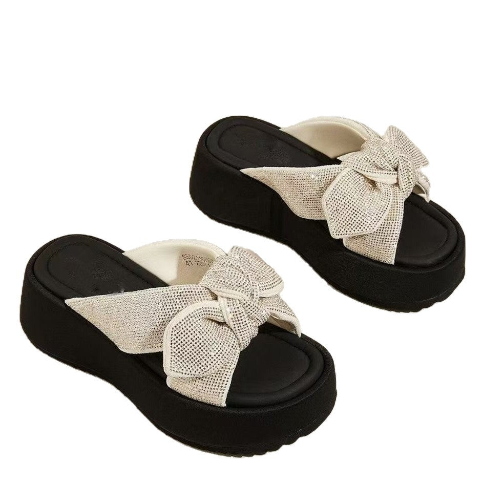 Crystal Bow Platform Slide Sandals