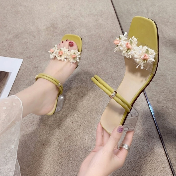 Crystal Flower Block Heel Sandals