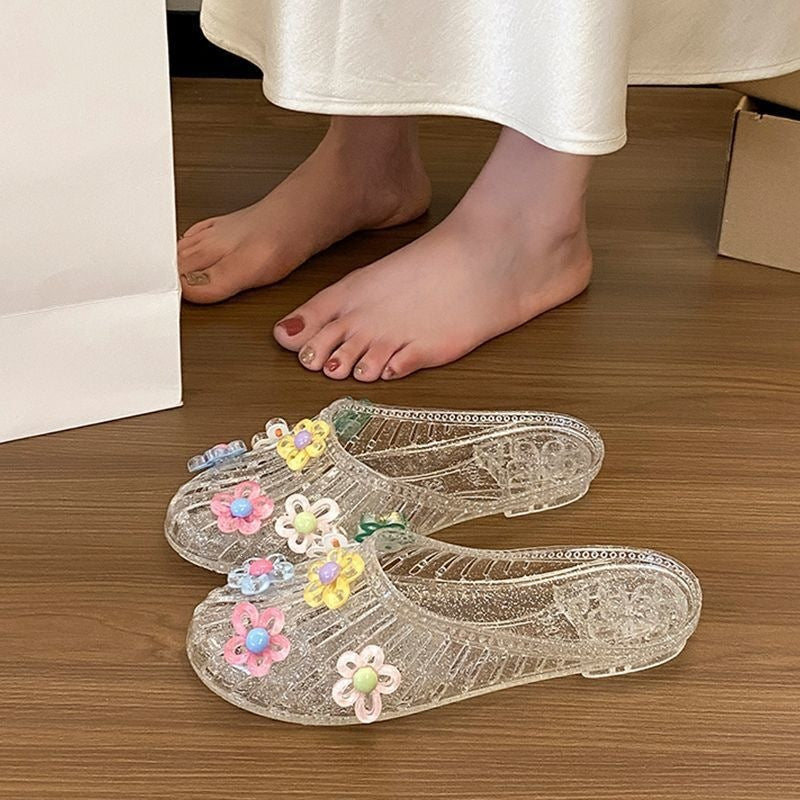 Crystal Flower Jelly Slide Sandals