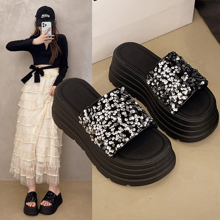 Sequin Platform Slide Sandals
