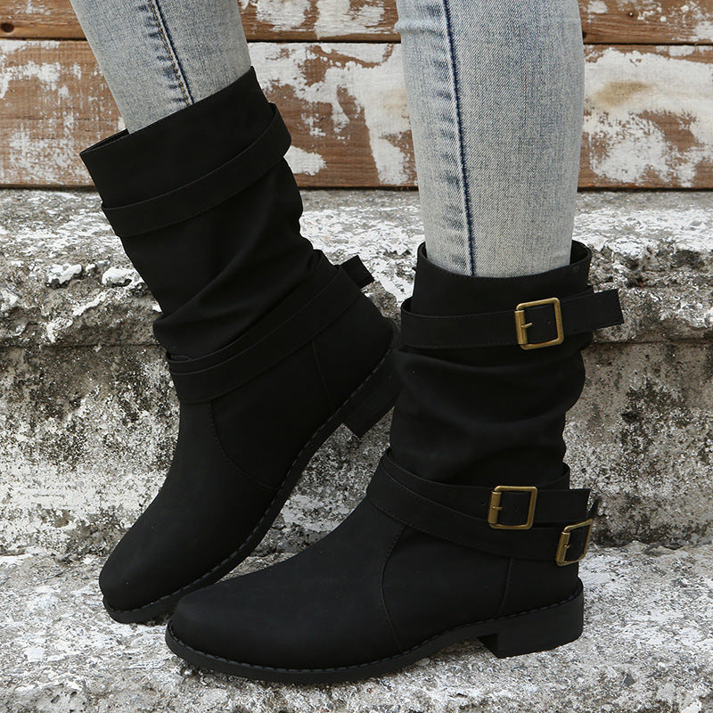 SUNKISSEDSTEP Women’s Mid-Calf Buckle Strap Low Heel Boots