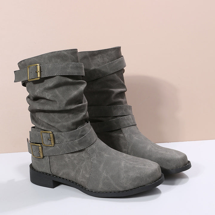 SUNKISSEDSTEP Women’s Mid-Calf Buckle Strap Low Heel Boots