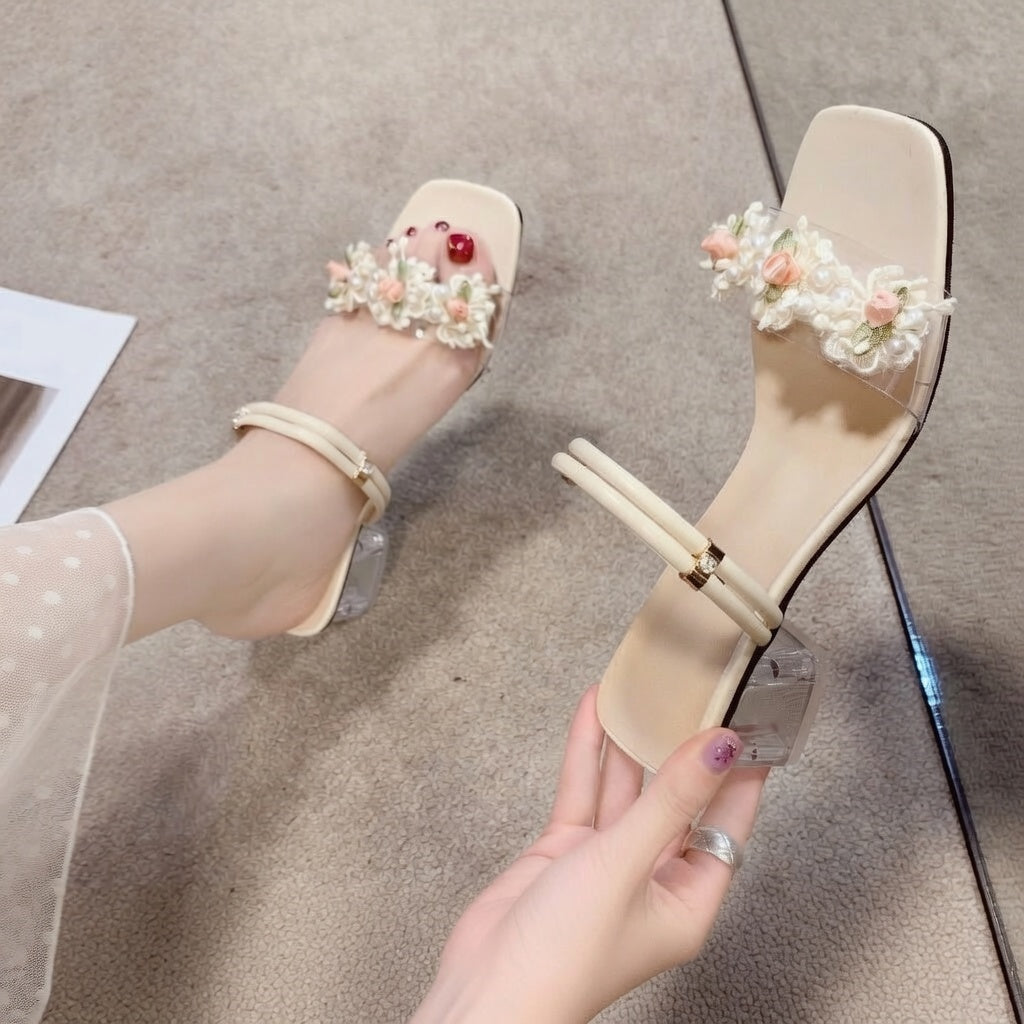 Crystal Flower Block Heel Sandals