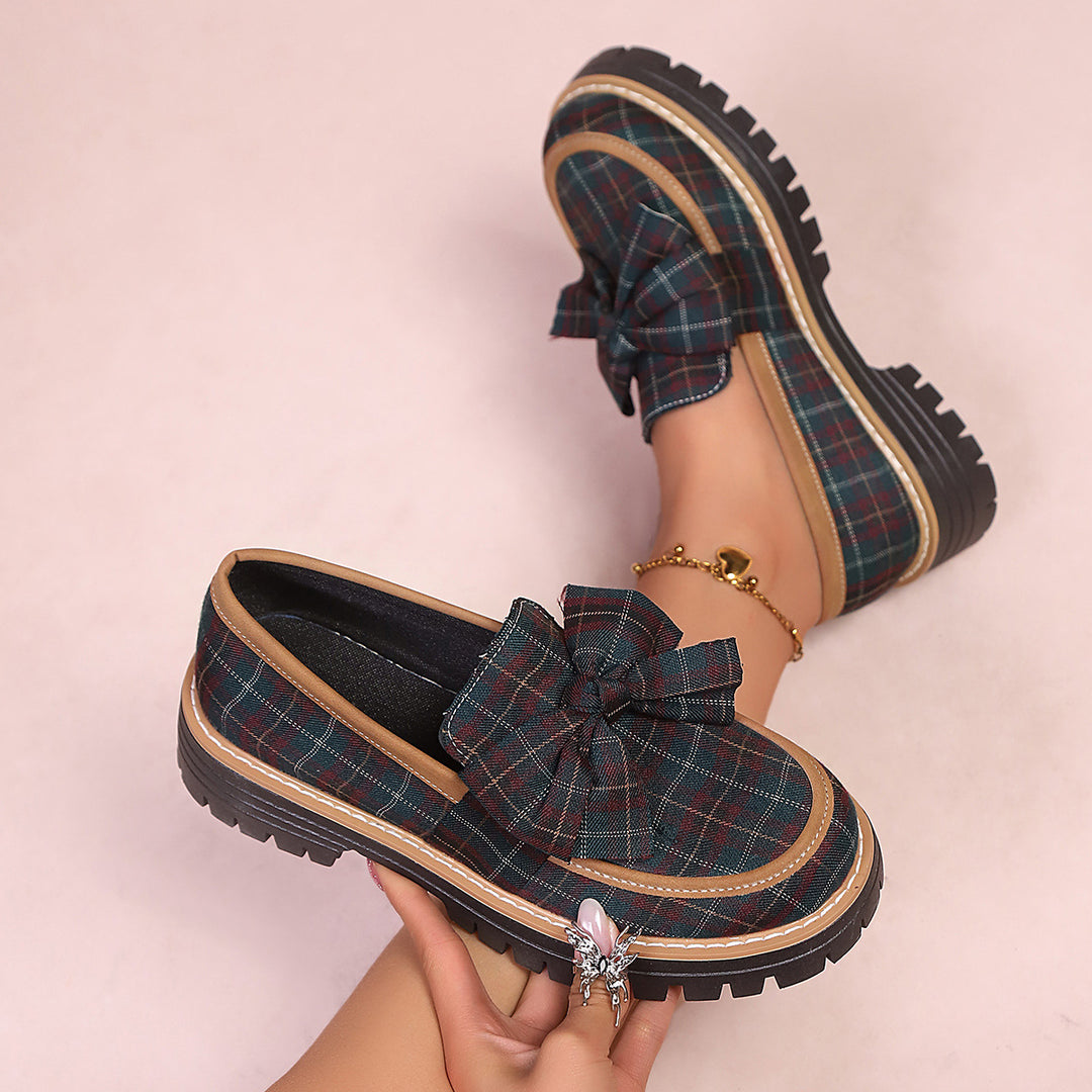 SUNKISSEDSTEP Women’s Plaid Bow Platform Loafers