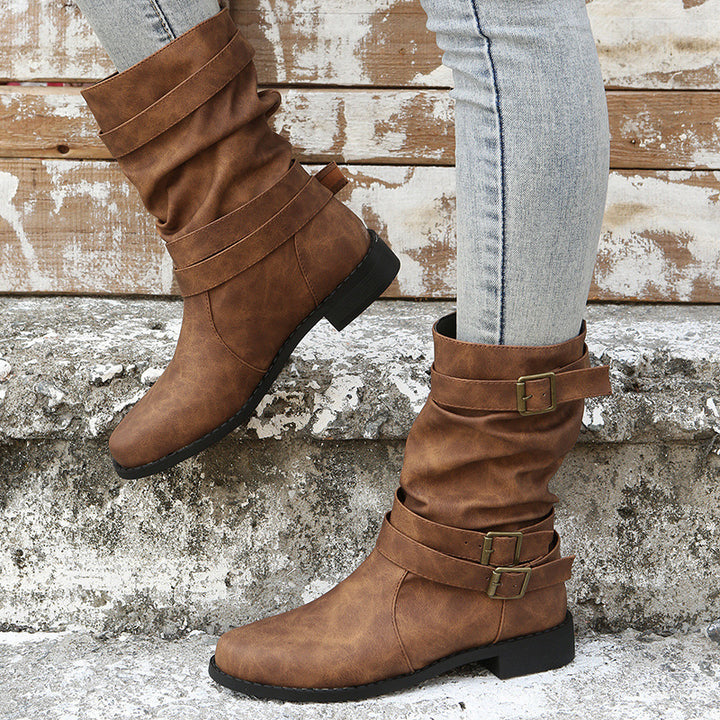 SUNKISSEDSTEP Women’s Mid-Calf Buckle Strap Low Heel Boots