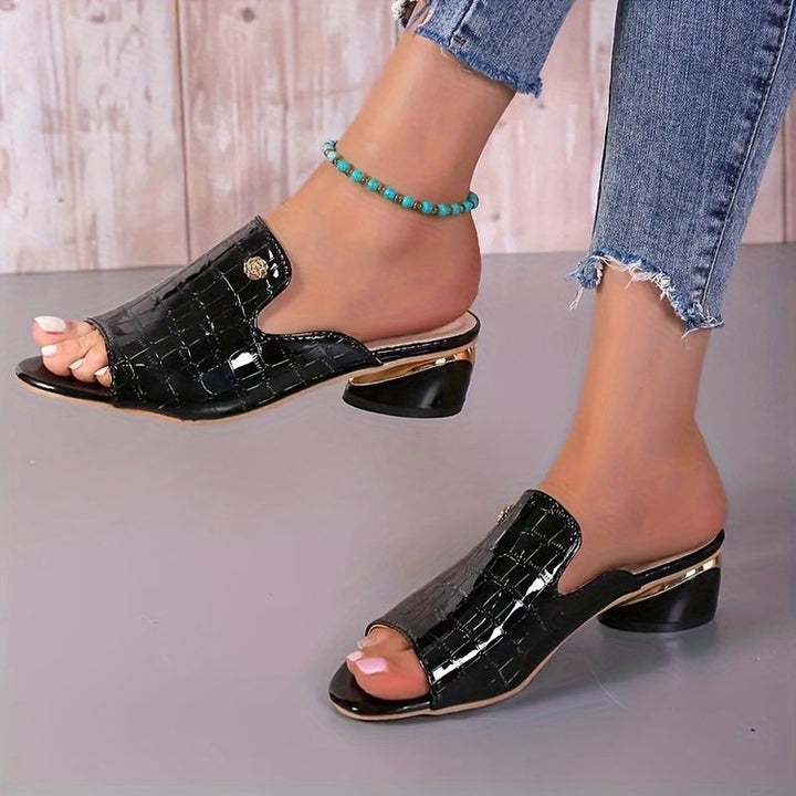 Croc-Embossed Block Heel Slide Sandals