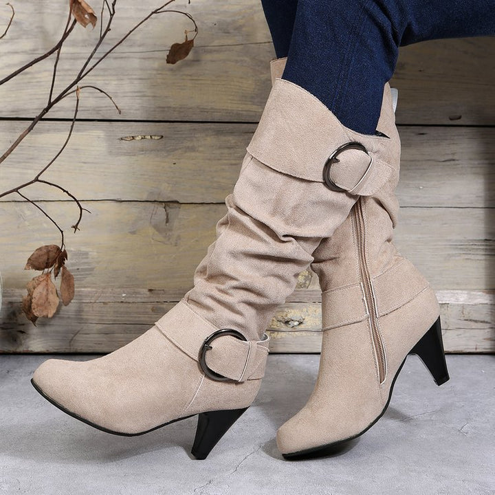 SUNKISSEDSTEP Women’s Buckle Suede Kitten Heel Fashion Boots