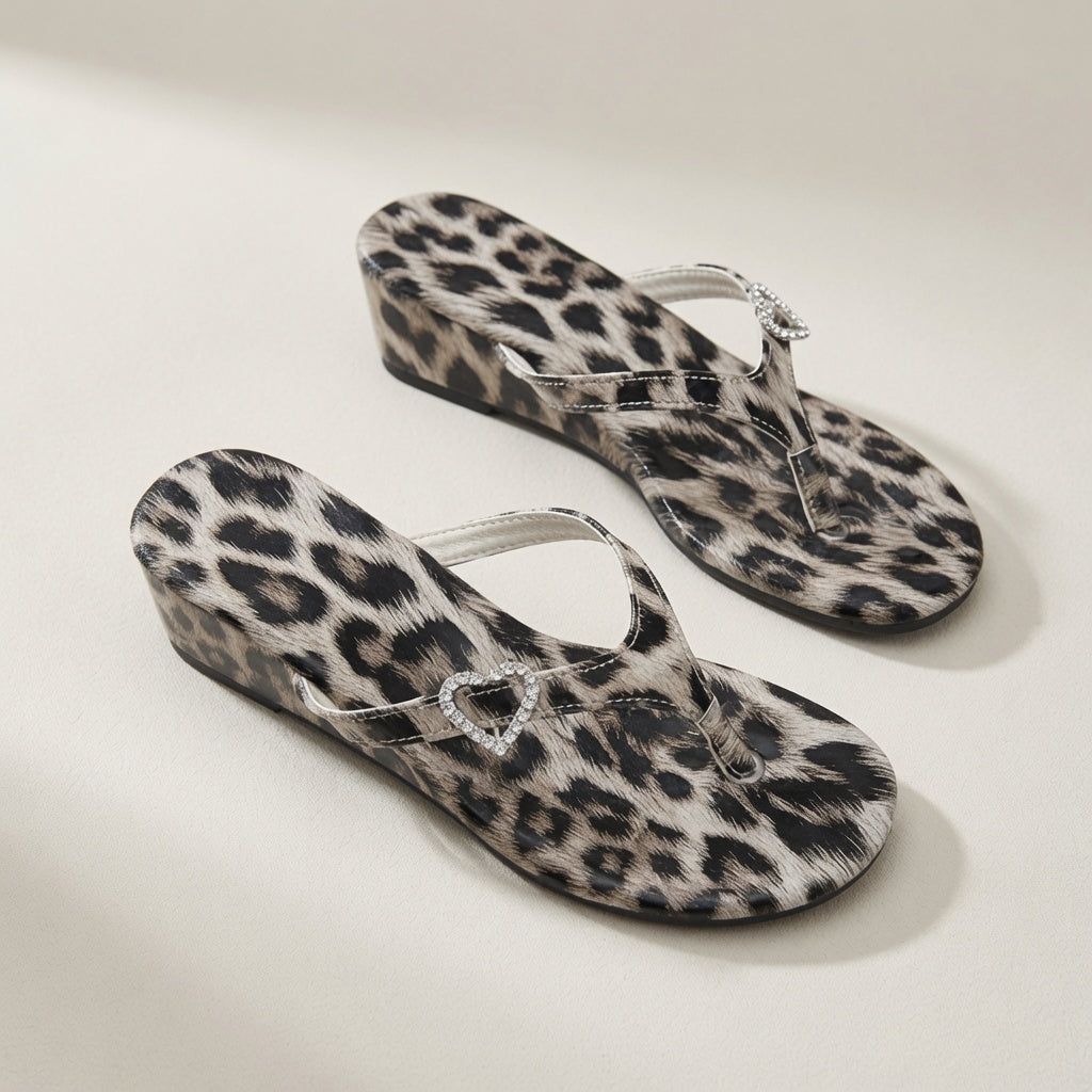 Leopard Print Chunky Heel Thong Sandals