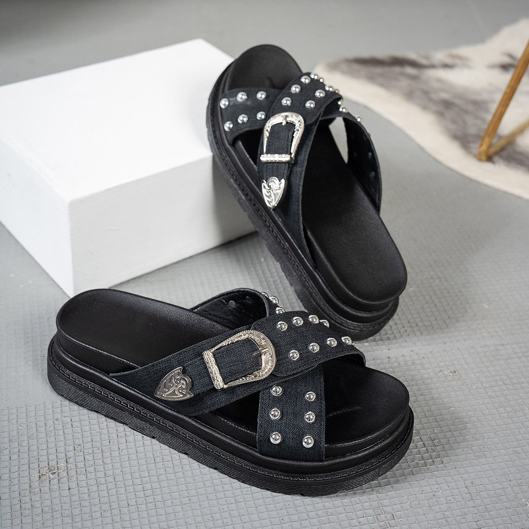 SUNKISSEDSTEP Women’s Studded Buckle Platform Slide Sandals