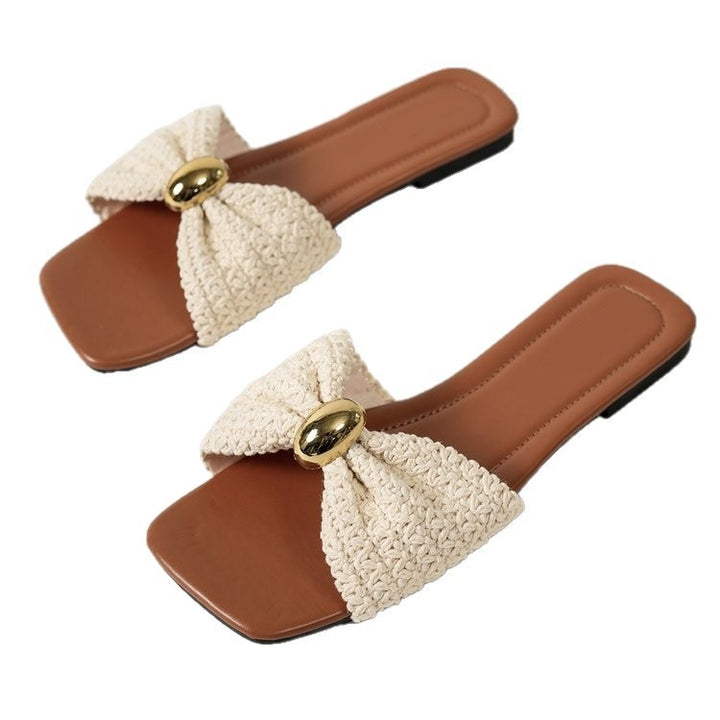 Woven Floral Bow Flat Slide Sandals