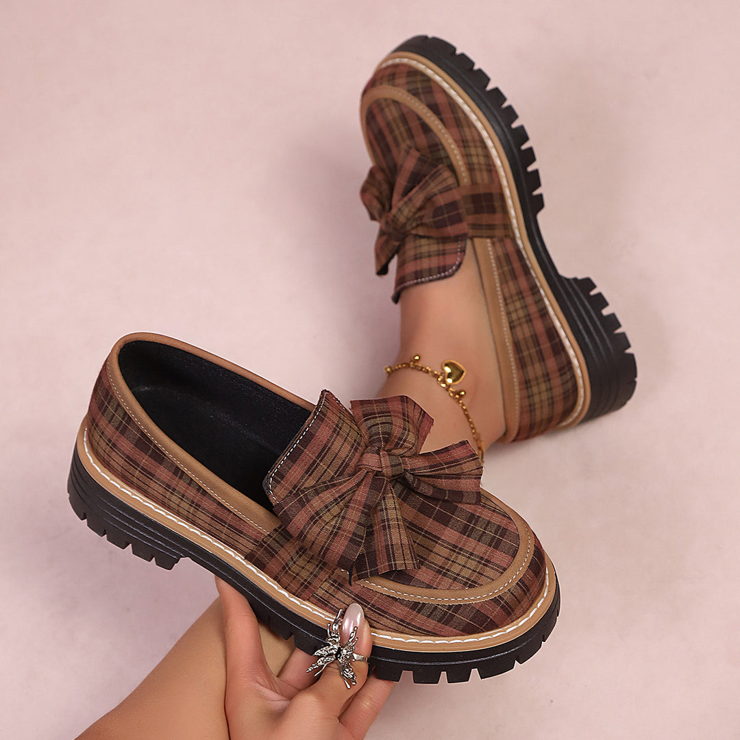 SUNKISSEDSTEP Women’s Plaid Bow Platform Loafers