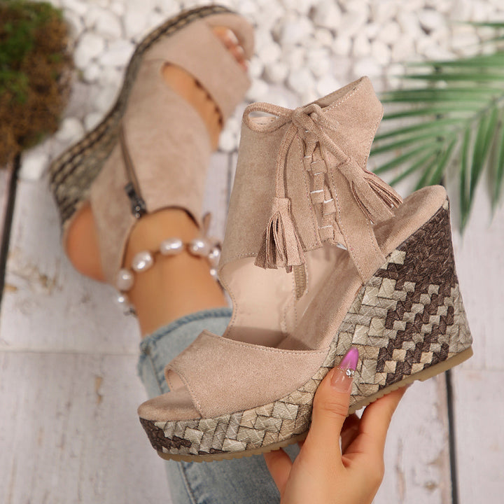 SUNKISSEDSTEP Women’s Tassel Lace-Up Wedge Sandals