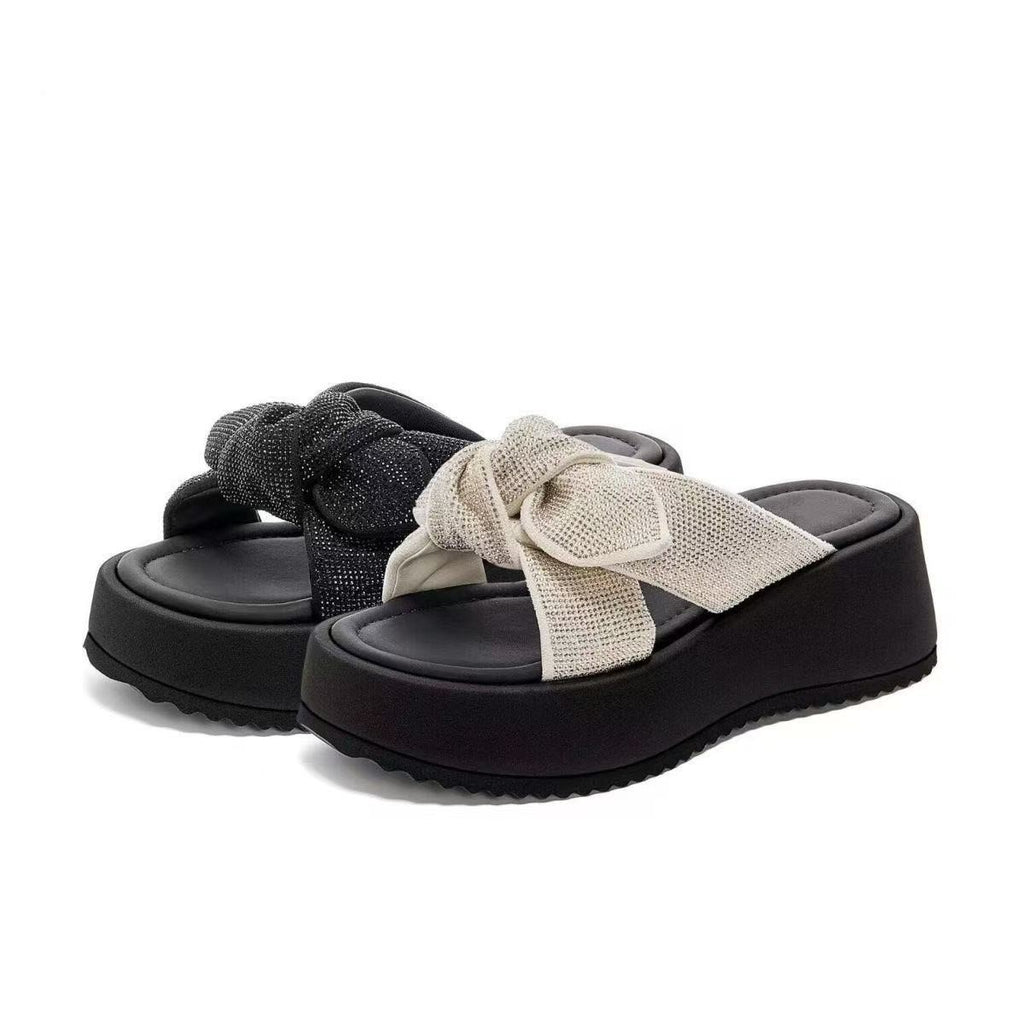 Crystal Bow Platform Slide Sandals