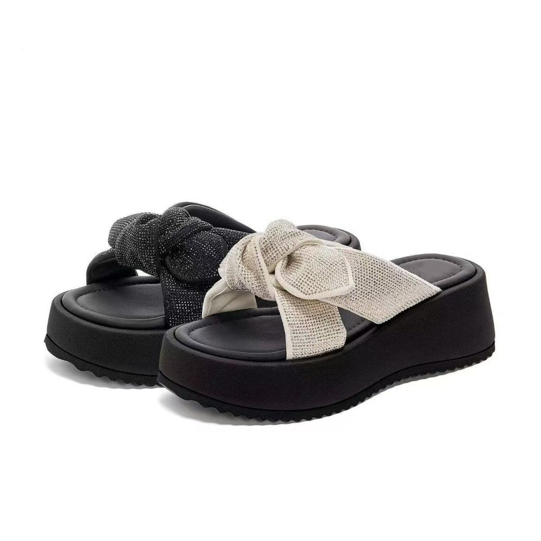 Crystal Bow Platform Slide Sandals