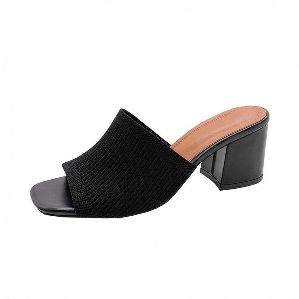 Knitted Square Toe Block Heel Slides