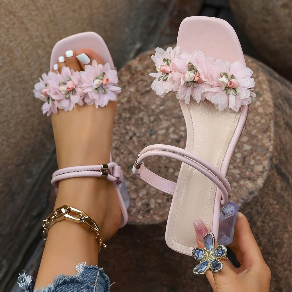 Crystal Flower Block Heel Sandals